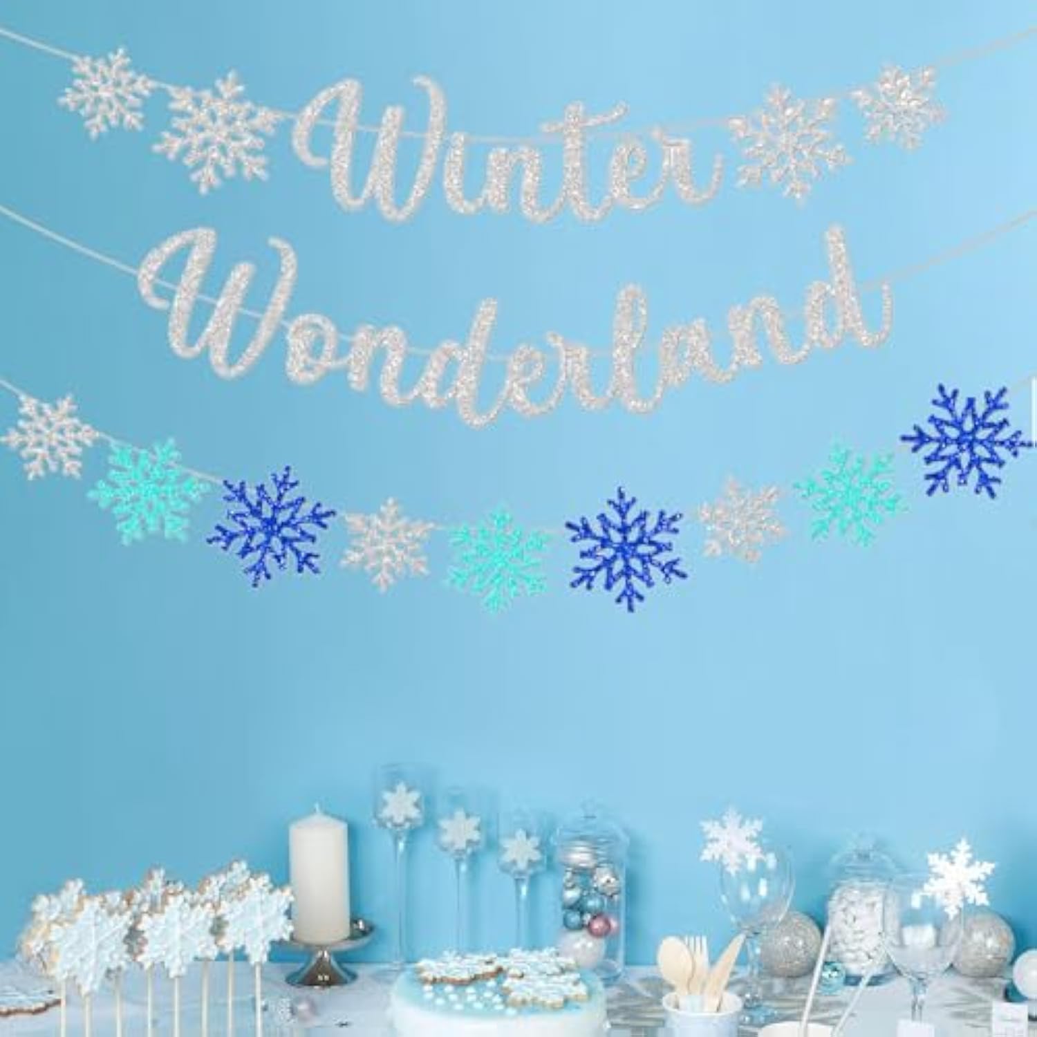 Silver Blue Winter Wonderland Party Decorations Snowflakes Banner Hanging Paper Garland Bunting Sign For Frozen Merry Christmas New Year Wall Fireplace Home Accessories Supplies