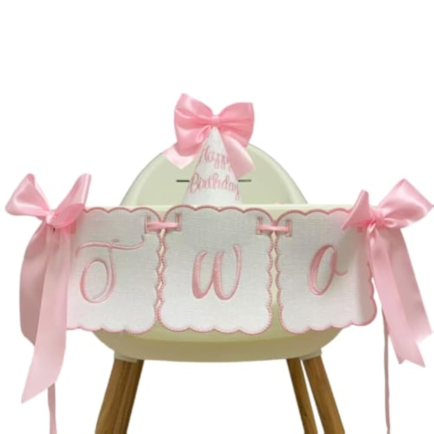 2Nd Birthday Decorations For Girl Pink Bow Two High Chair Banner With Cone Hat For Girl Bow Themed 2Nd Birthday Party Decorations