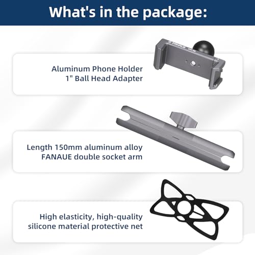 Aluminum Phone Holder with 150mm Double Socket Arm Compatible with 6-8.5" Smartphone - with B Size 1" Ball Components for RAM Mounts