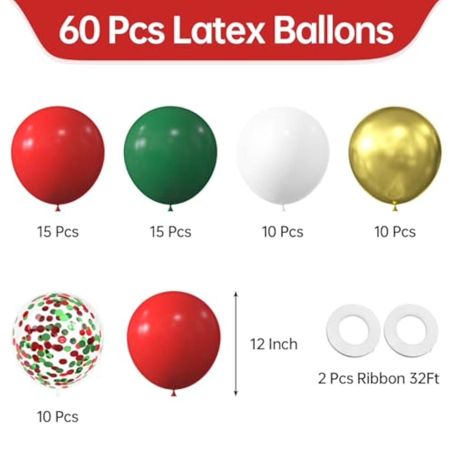 60-Pack 12-Inch Red, Green, and White Balloons with Confetti for Parties