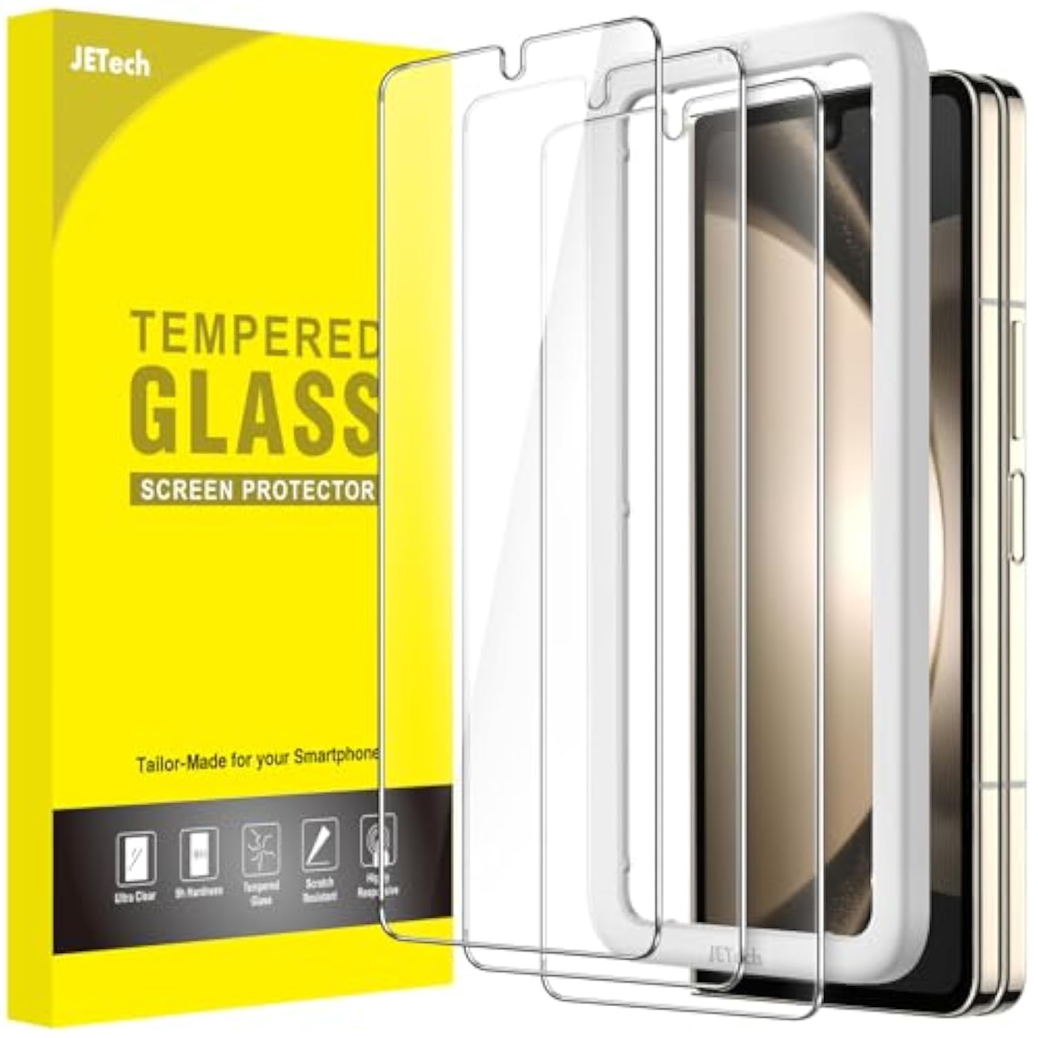 JETech Front Screen Protector for Samsung Galaxy Z Fold 5, Tempered Glass Film with Easy Installation Tool, Case-Friendly, HD Clear, 3-Pack