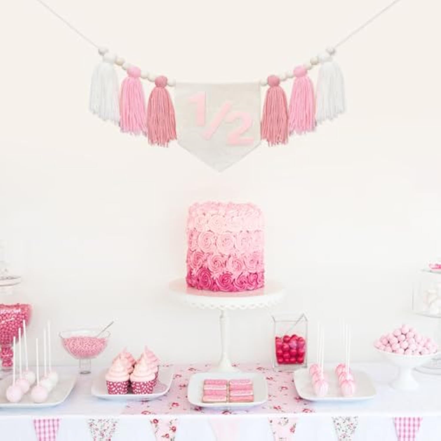Girls Half Birthday Decorations 6 Month 1/2 Birthday Pink Tassel High Chair Banner