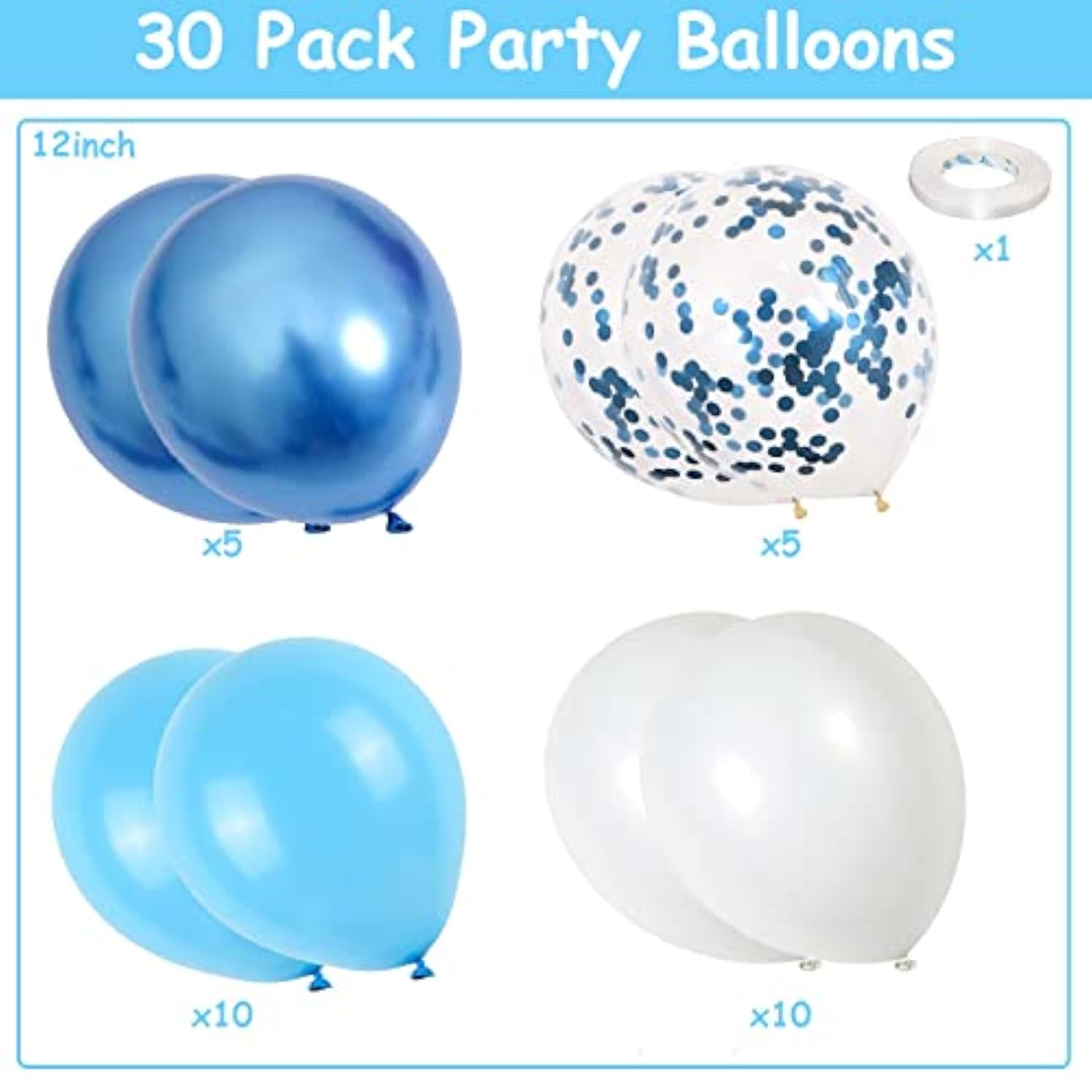 Blue and White Balloons 12 Inch Latex Metallic Confetti Helium Balloons Party Decor