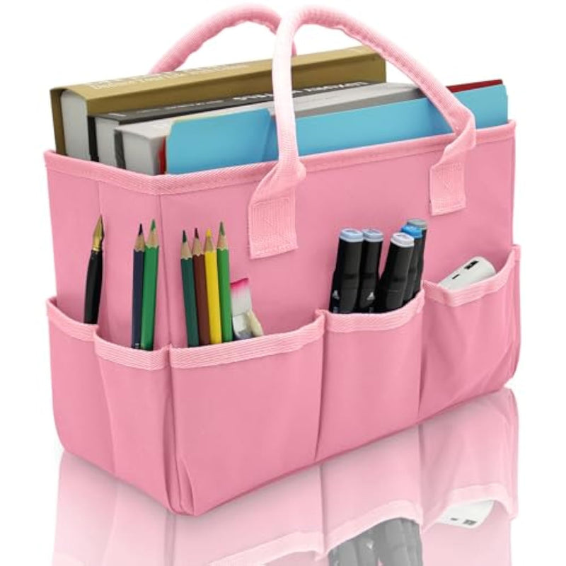 Art Organizer Craft Storage Tote Bag With Pockets And Hadles, Oxford Fabric Carrying Caddy For Teacher, Officer, Artist, Traveler, And More – Pink