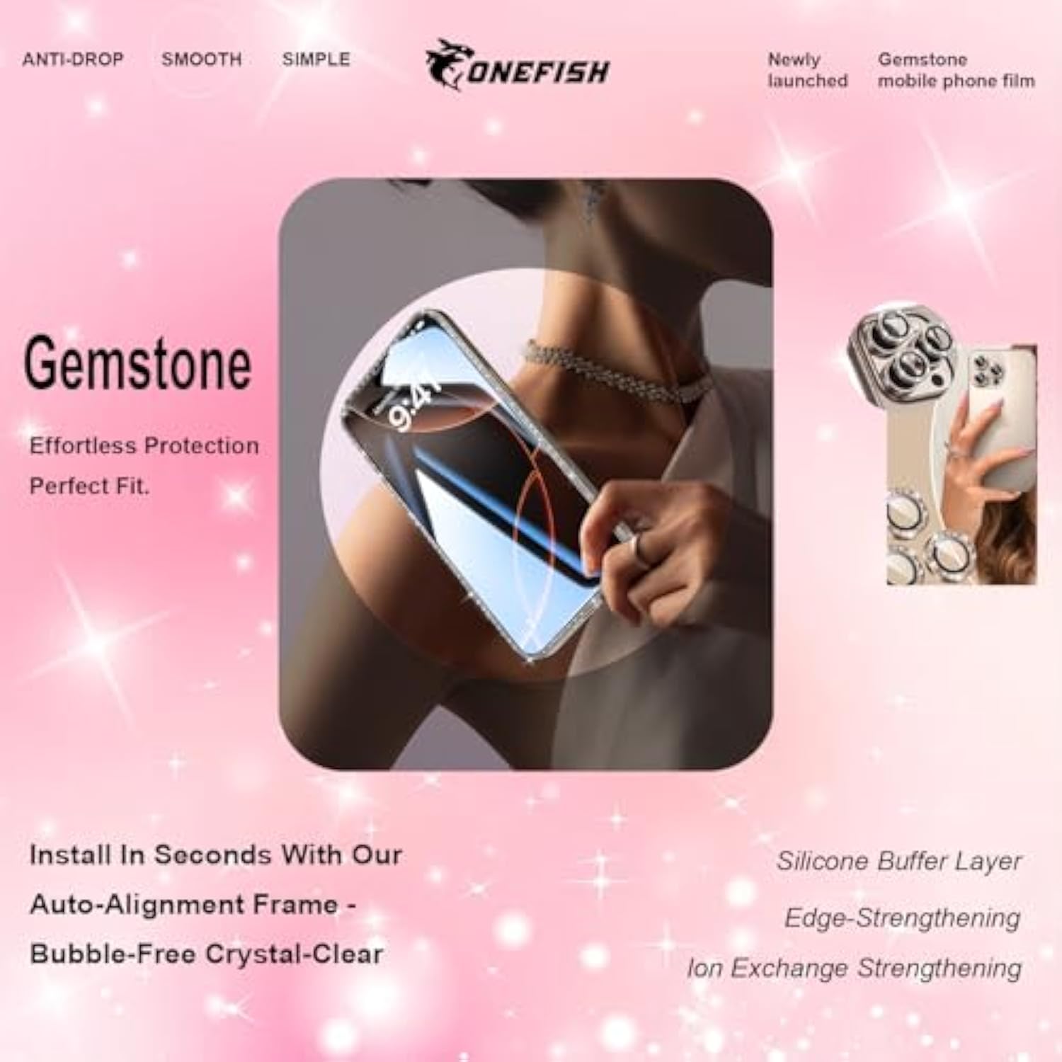 OneFish Screen Protector for Iphone 16 Pro Max with Camera Lens Protector, Diamond Bling Full Edge Coverage, HD Clarity Tempered Glass Film with Installation Frame, 9H Glass Scratch Resistant