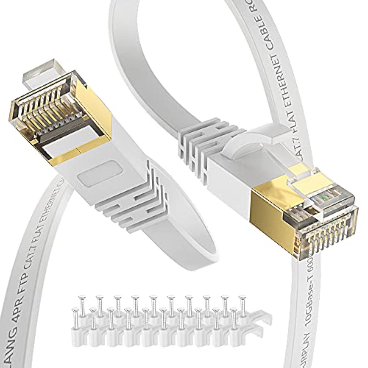 Cat7 30Ft Ethernet Cable White-10Gbps Shielded & Ground Wire Internet Flat Cor