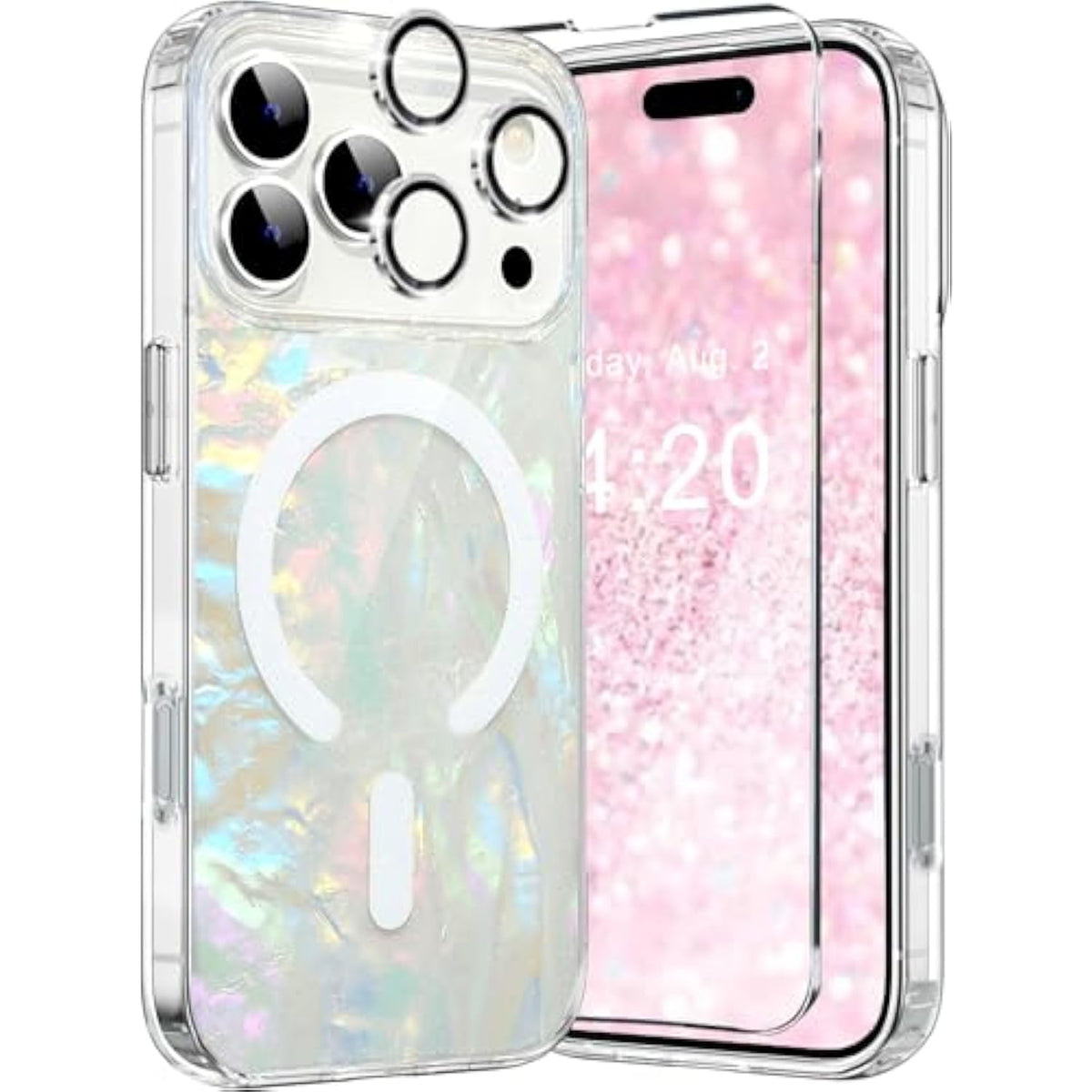 Case Compatible Iphone 17 Pro Magsafe Iridescent Glitter Sparkly, Opal Pearly Bling Translucent Bumper Case + 1 Screen 1 Camera Cover For Women Girl Iphone 17 Pro 6.3" 2025(Colorful Cloud)