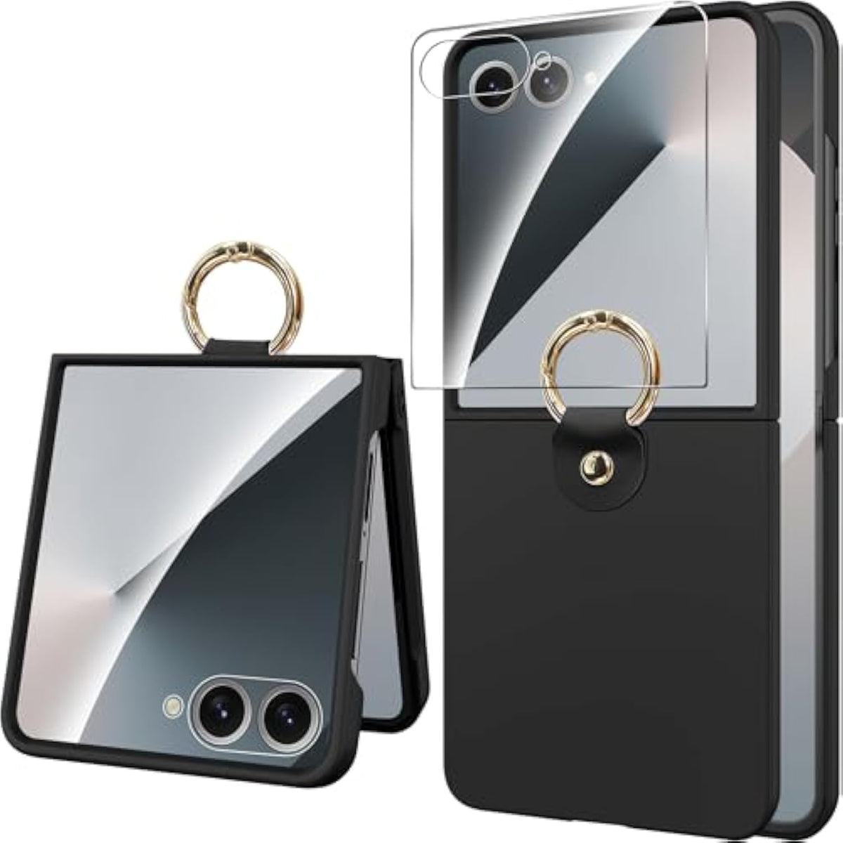 Miimall Thin for Samsung Flip 7 Case with Ring Holder, Tempered Glass Screen Protector & Military Grade Protection Ultra Slim Shockproof Full Body Heavy Duty for Z Flip 7 Cover Shockproof, Black