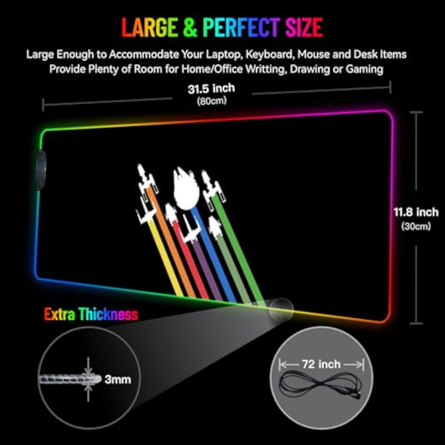 Rgb Mousepad Led Desk Mat Gaming Large Keyboard Cute Desktop Computer Laptop 14 Light Xxl Long Giant Big Cool Modern Design Unique For Men Boys Gamer Oversized Wide 30X12'' Mousepad, Space