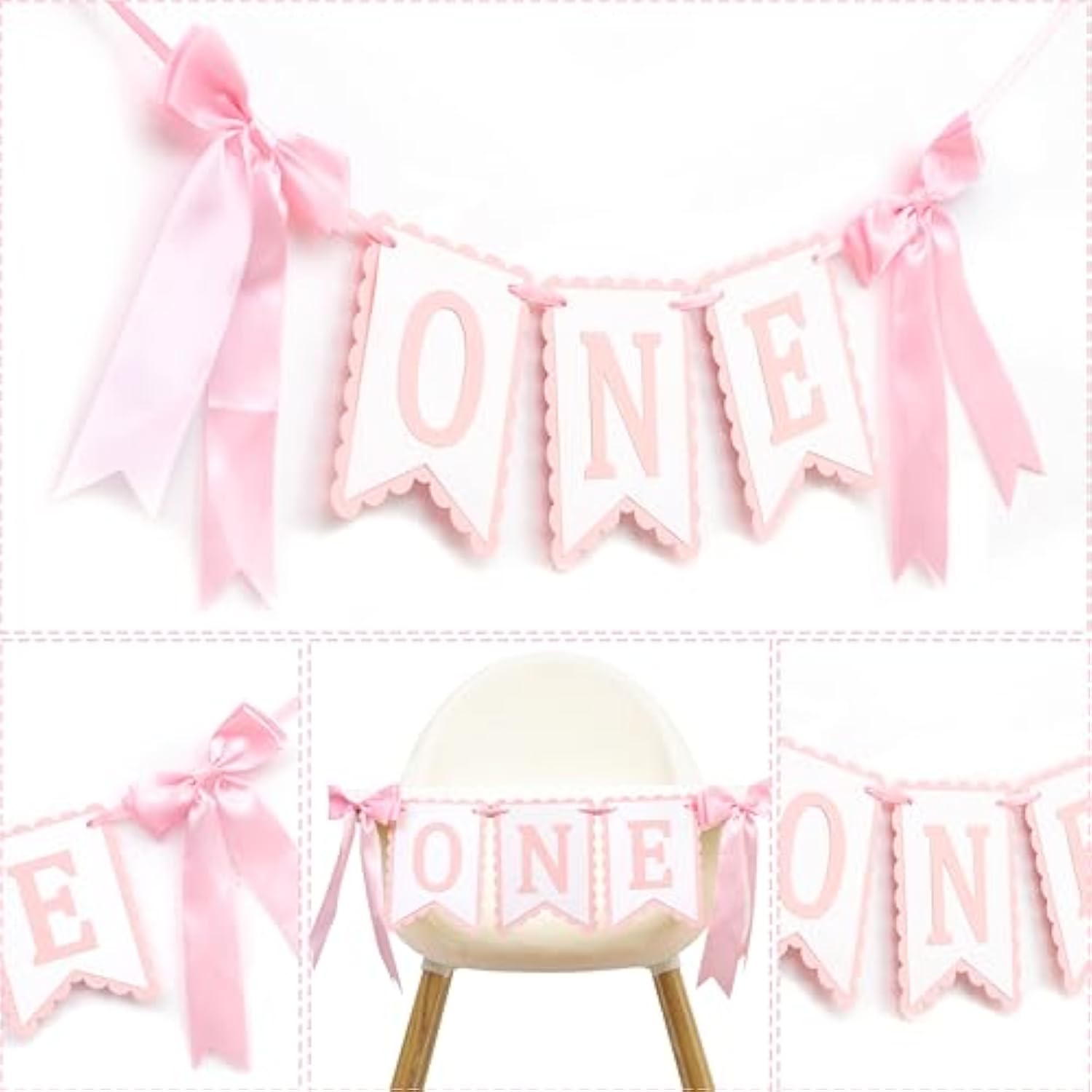 Bow First Birthday High Chair Banner - Pink Bow 1St Party Decoration,Coquette First High Chair Banner,Coquette One Birthday Photo Prop (Bow 1St)