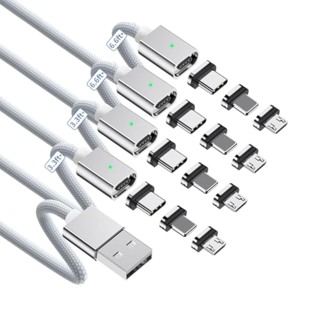 Magnetic Charging Cable 3A Fast Charging (4-Pack, 3.3/3.3/6.6/6.6 Ft) 3 In 1 Magnetic Phone Charger, 480Mbps Data Transfer, Usb A To Type C Charger Cable Usb-C/Iproduct Micro Usb Device - Silver