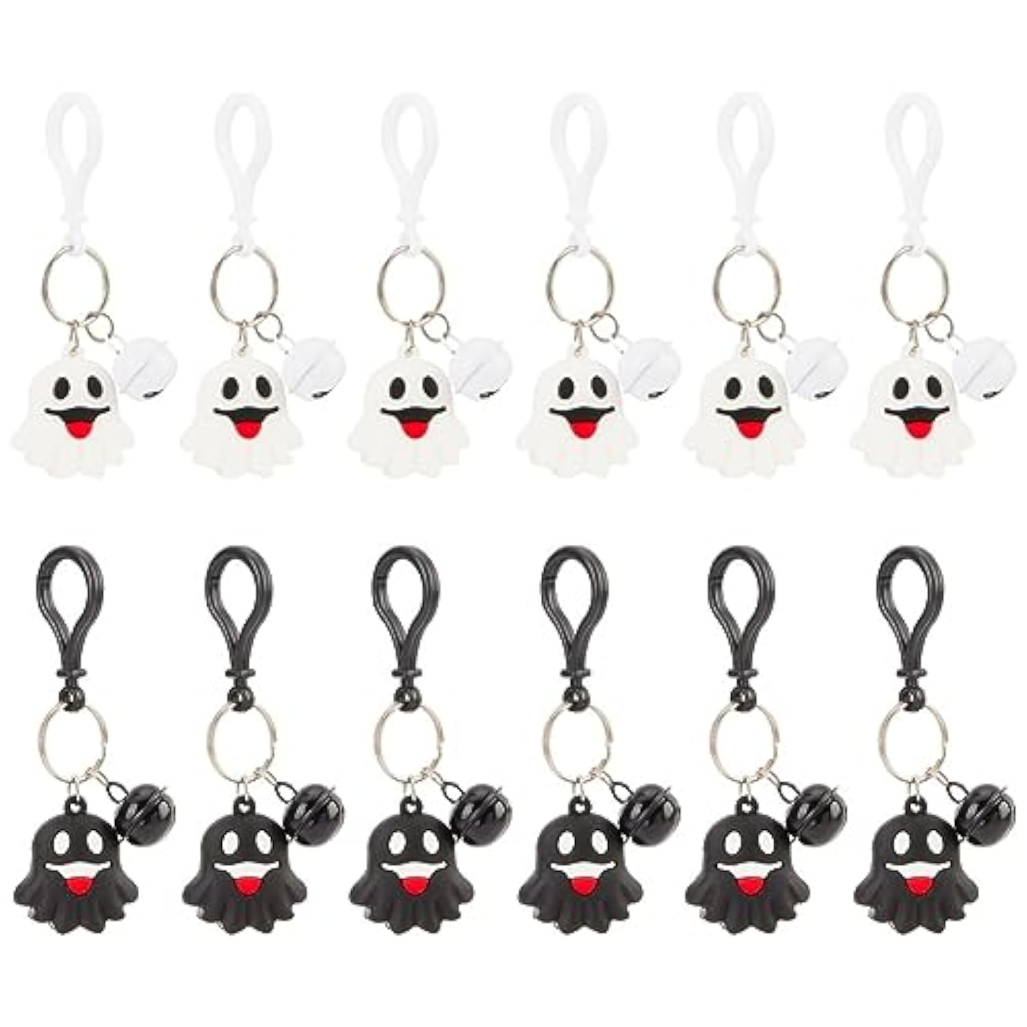 12Pcs Halloween Theme Keychain Cartoon Ghost Keyrings With Bell Charm Pvc Pendants Hanging Key Chain Keyrings For Wallet Backpack Charm Decorations Pendant Supplies Black White