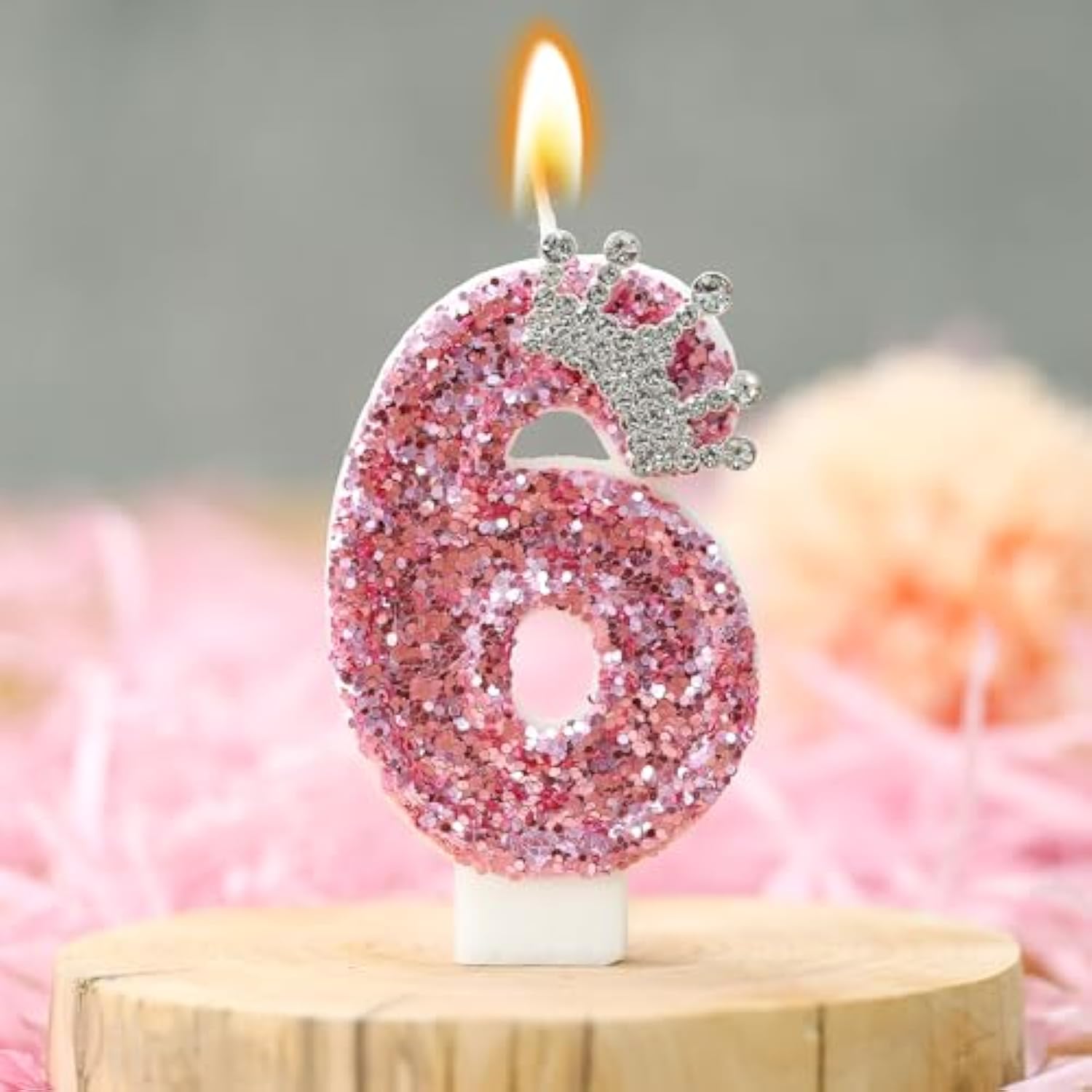 Birthday Number Candles,Pink Crown Birthday Candles For Cake,Glitter Number 6 Candle Cake Topper With Sequins For Girls,Women, Anniversary Celebrations Supplies (Pink 6)
