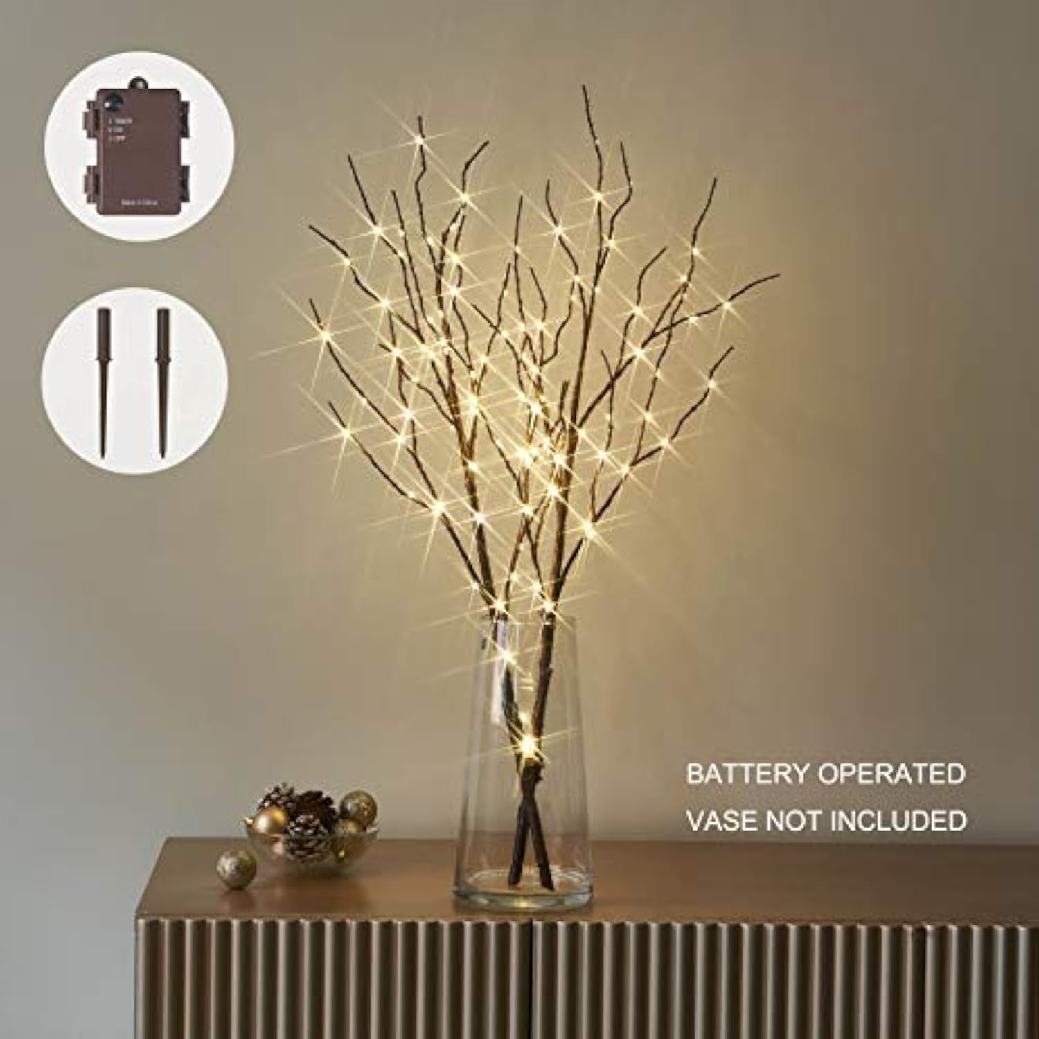 Lighted Brown Branches Battery Operated With Timer 30In 100 Led Fairy Lights, Willow Branch Lights For Home Bedroom Fire