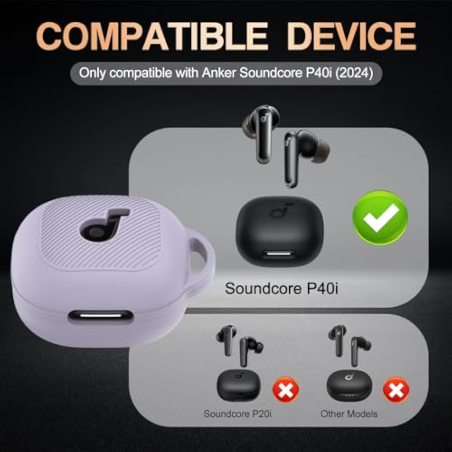 Anker Soundcore P40i Case Cover, Soft Silicone Case for Soundcore P40i Earbuds with Shockproof Protective Skin Cover and Carabiner, Front LED and Logo Visible, Purple