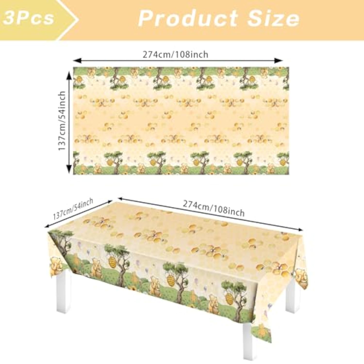 3Pcs Party Tablecloth Bear Baby Shower Tablecloths Classic Bear Disposable Thickened Plastic Table Cover For Kids 1St 2Rd Baby Party Supplies 54X108Inches (Yellow)