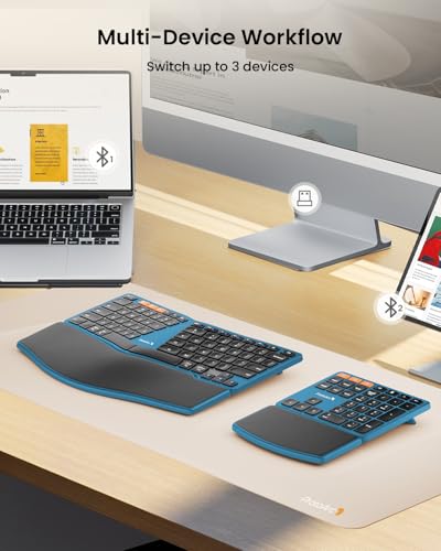 Bluetooth Ergonomic Keyboard, Wireless Split Keyboard With Separate Number Pad, Dual Bluetooth And Usb, Hard Wrist Rest, Rechargeable For Windows/Mac/Android - Blue