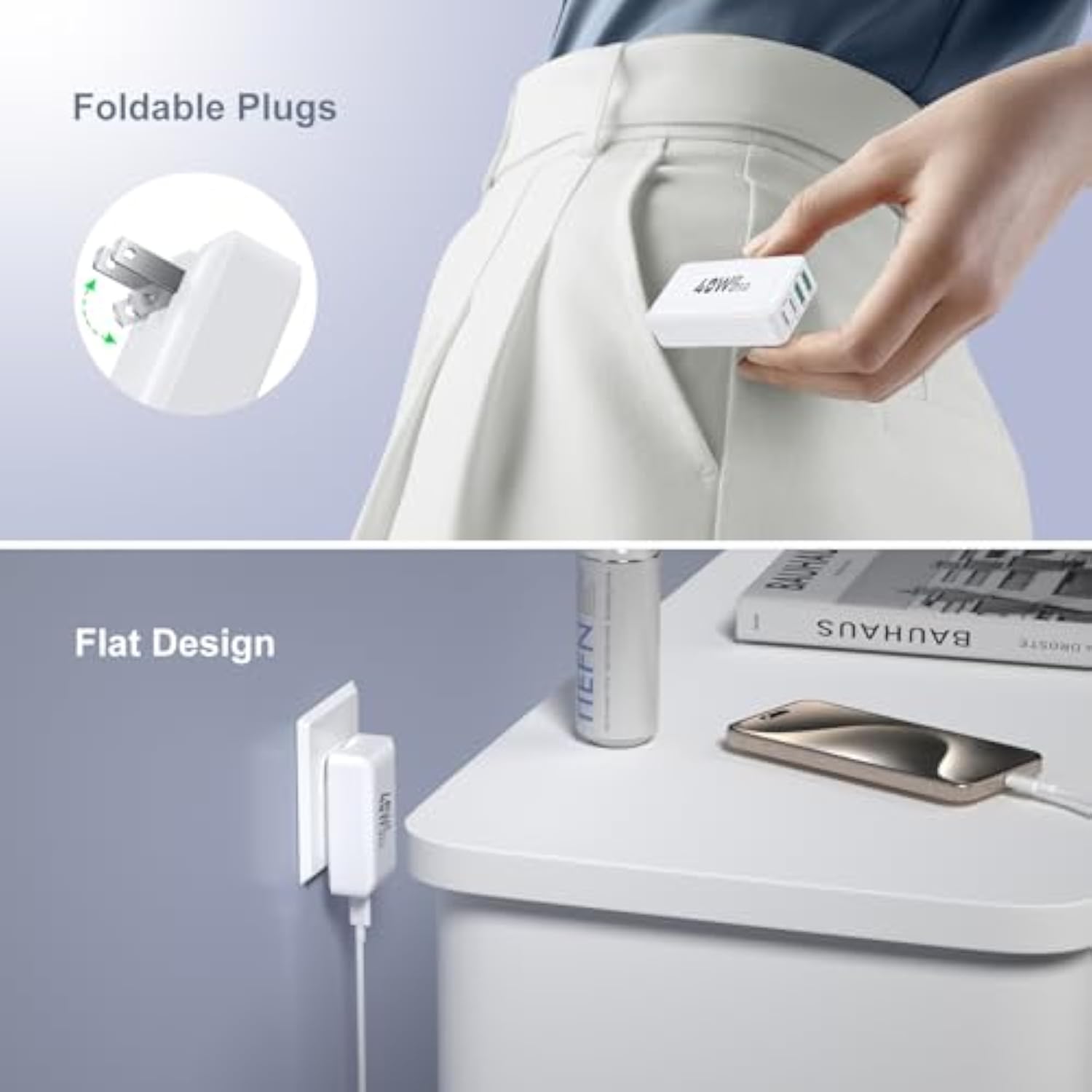 Usb C Wall Charger 40W, 4-Port Flat Usb C Charging Block Dual Pd+Qc Slim Fast Foldable Wall Plug Travel Compatible For Iphone 16 15 Pro Max 14 13 Ipad Watch Galaxy S24 Pixel,2Pack Black White