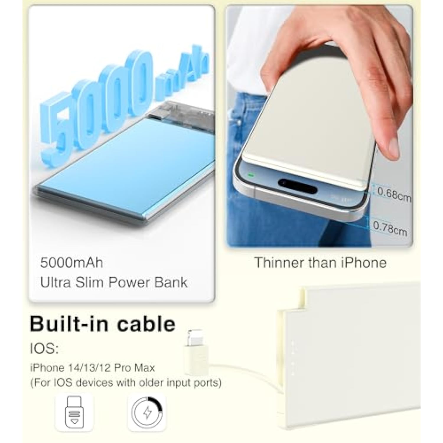 Thin Portable Charger For Phone With Built In Lightning Cable- 5000Mah Slim Travel Power Bank Compatible With Iphone 14/13/12/11/X/8/7/6/5 Series Thin Battery Pack (Not For Iphone 16 15 Series)