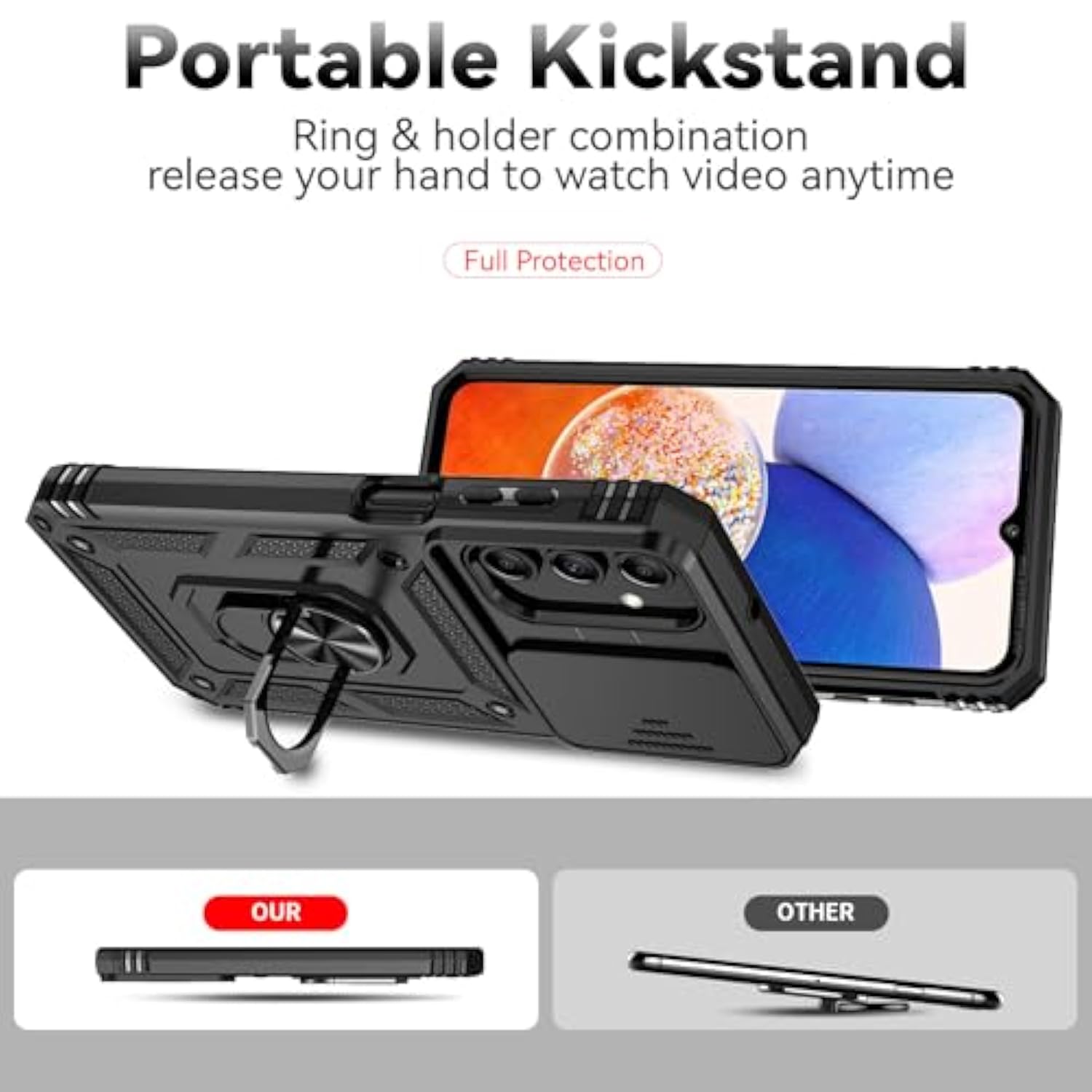 Phone Case For Samsung Galaxy A15 5G Case With Hd Screen Protector & Slide Camera Cover & Rotated Ring Kickstand, [Military-Grade] Phone Case For Galaxy A15 5G (Black)