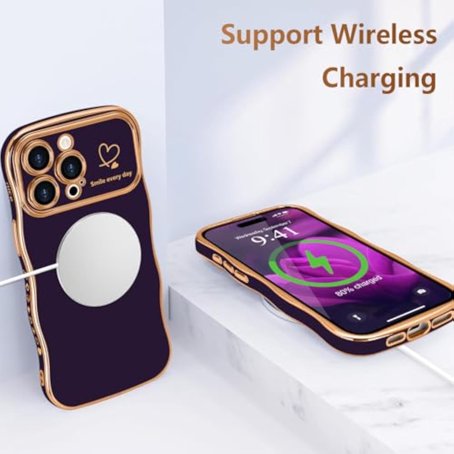 iPhone 14 Pro Max Case for Women, Wave Frame Heart Camera Protection, Dark Purple