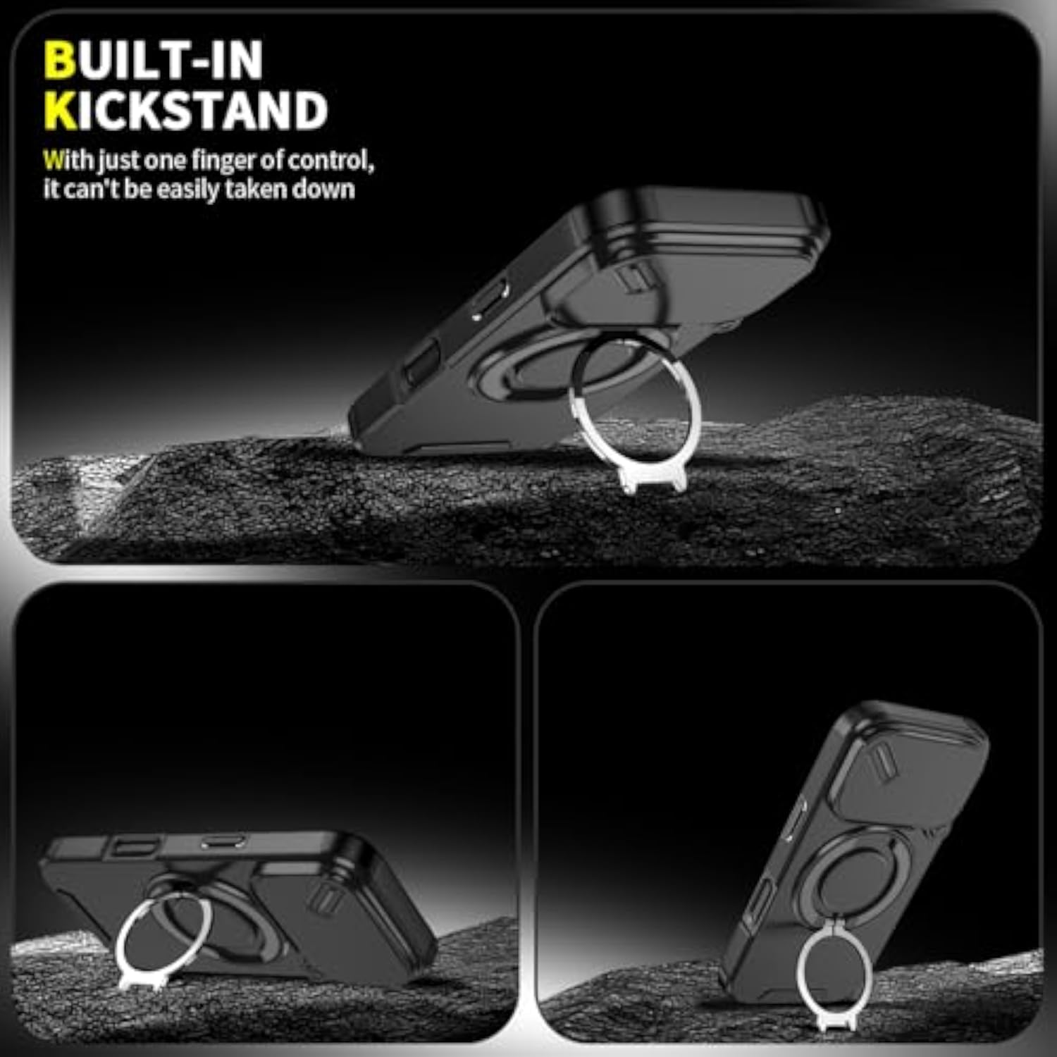 Dteck Shockproof Phone Case for iPhone 17 Pro (6.3", 2025 Release) with Slide Camera Cover and Rotating Kickstand, Compatible with MagSafe Accessories, Black
