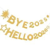 Bye 2025 Hello 2026 Sparkling Gold Happy New Year Banner Decorations