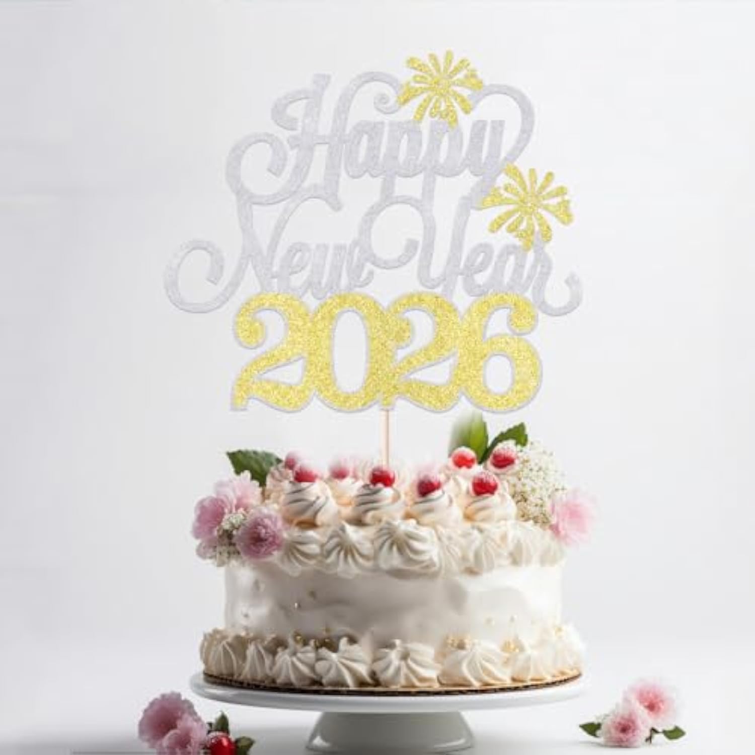 Silver Happy New Year 2026 Cake Topper Party Decorations