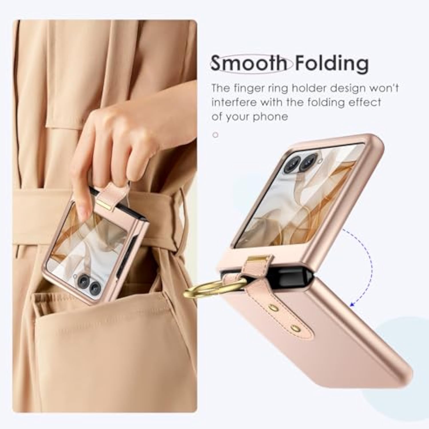 For Motorola Razr 2024 Case With Ring [Not Fit Razr Plus 2024/2025], Moto Razr 2025 & Razr 2024 Case With Built-In Outer Screen Protector Slim Thin Cover (Rose Gold)