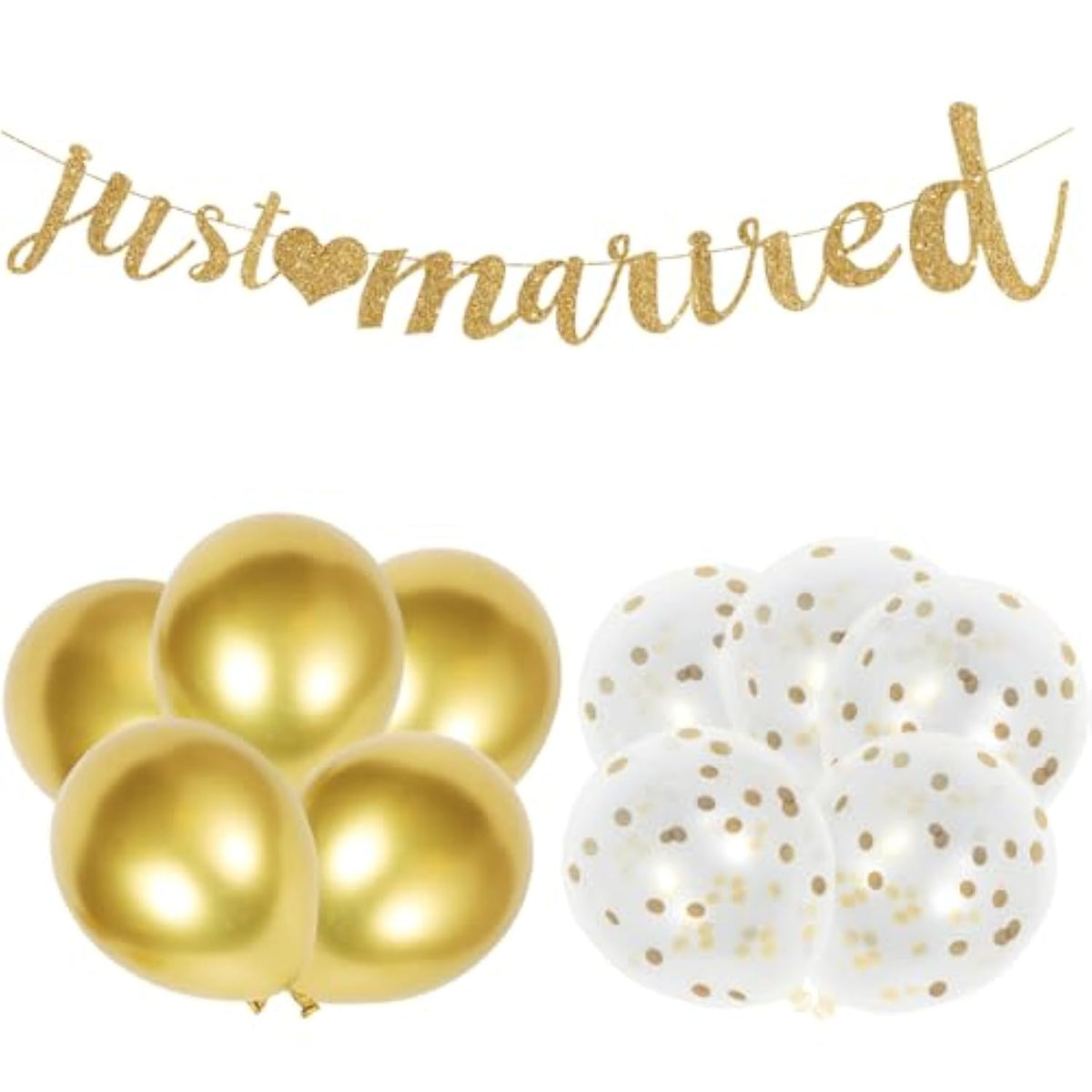 Just Married Decorations, Diy Just Married Banner Sign And Balloons, Gold Glitter Wedding Banner, Indoor Outdoor Wedding Decorations For Home Party Reception