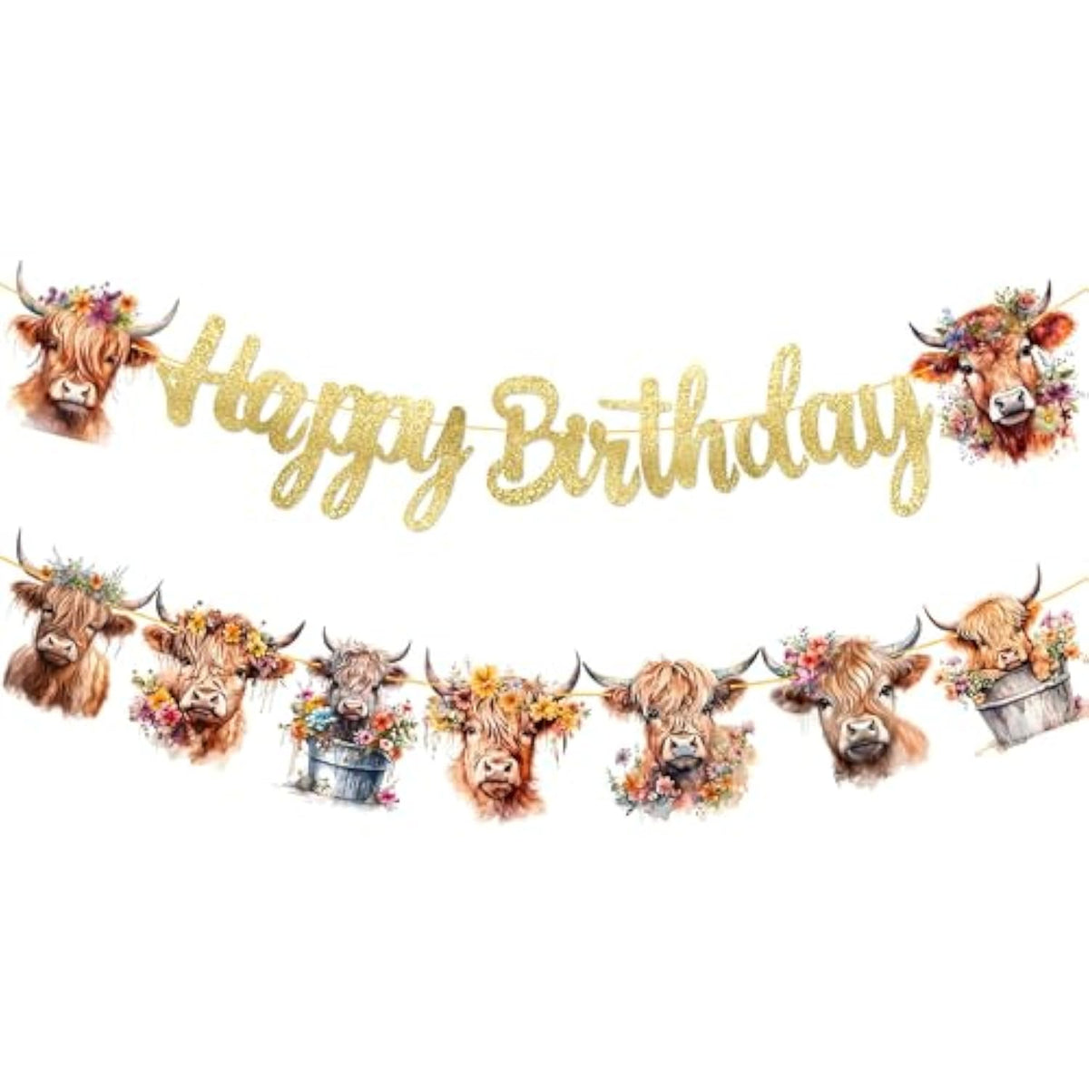 Happy Birthday Banner - Highland Cow Print Party Decorations For Farm, Baby Shower, Gold Glitter