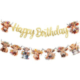Happy Birthday Banner - Highland Cow Print Party Decorations For Farm, Baby Shower, Gold Glitter
