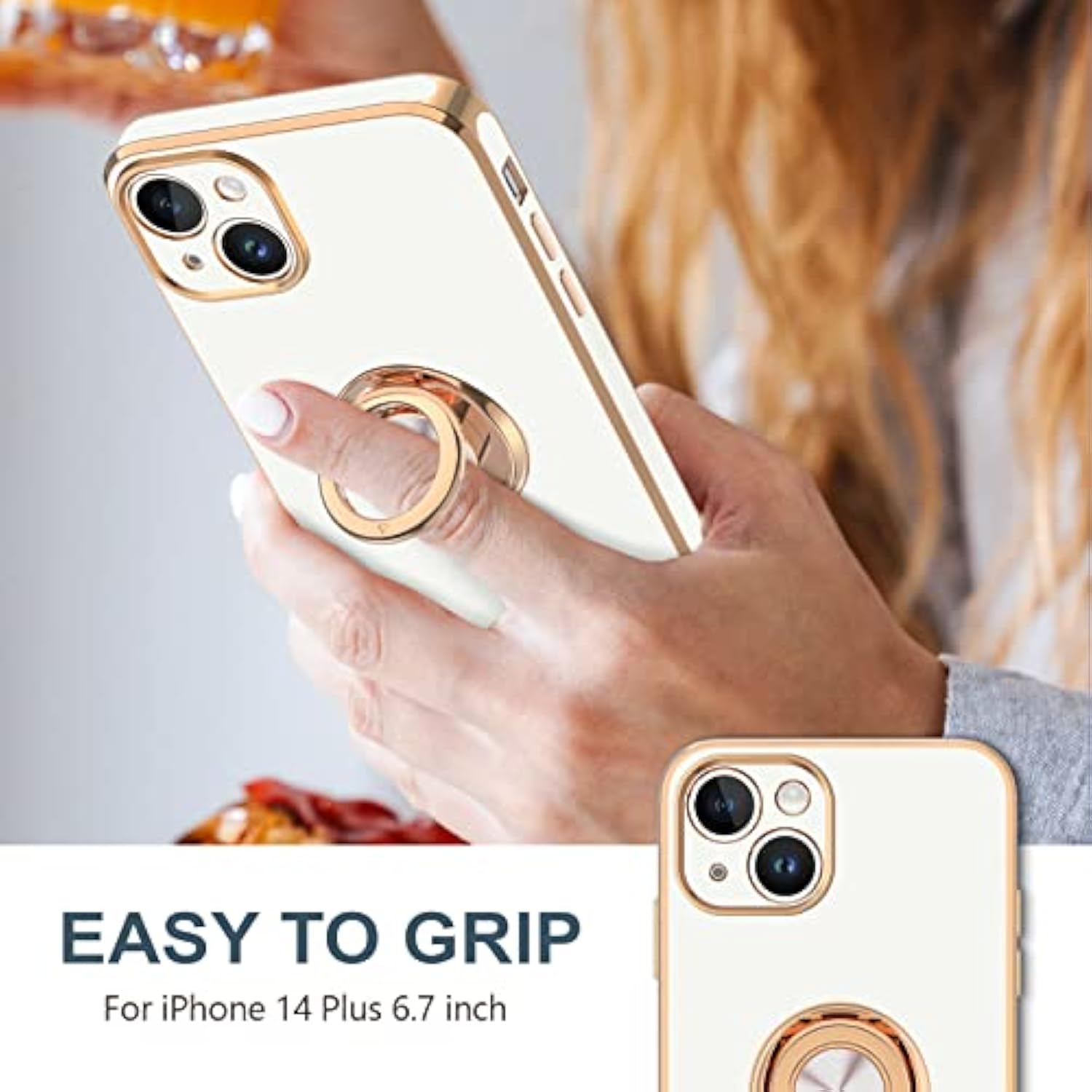 For Iphone 14 Plus Case With Ring Stand [360° Rotatable Ring Holder Magnetic Kickstand] [Support Car Mount] Plated Gold Edge Soft Tpu Luxury Shockproof Protective Phone Case Cover, White