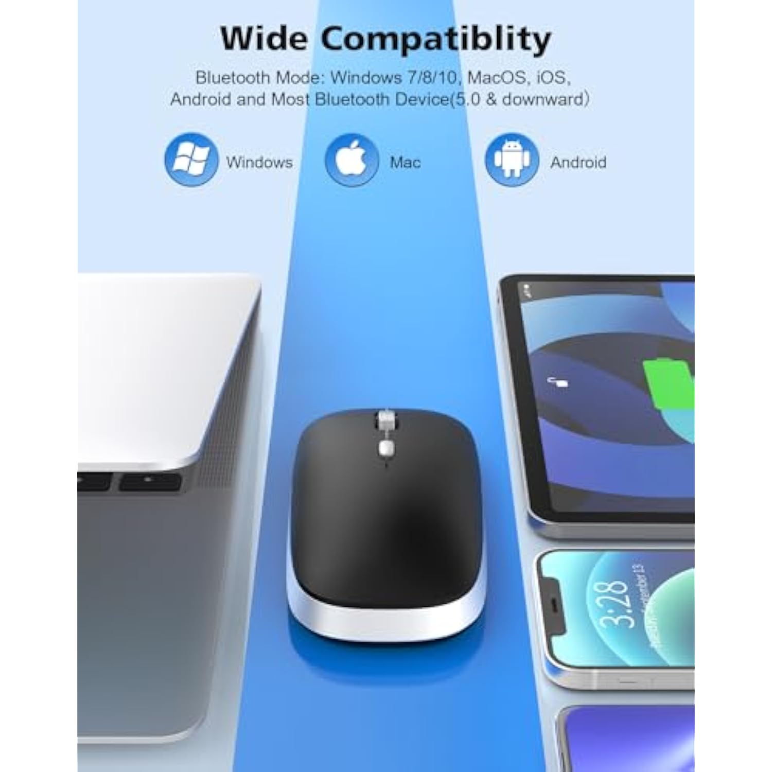 Bluetooth Mouse, Slim Silent Bluetooth 5.0 & 4.0 Wireless Mouse, 3 Adjustable Dpi Portable Optical Computer Mice For Laptop, Pc, Notebook, Computer, Macbook - (Black)