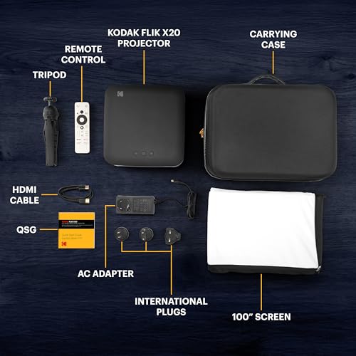 Flik X20 1080P Smart Tv Projector Kit W/ 300 Ansi Led, Auto-Focus & Keystone, Hdr10 Portable Home Theater W/ Black Eva Case, Tripod, 100 Screen, Hdmi Cable, Remote, Wi-Fi, Bluetooth (Black)