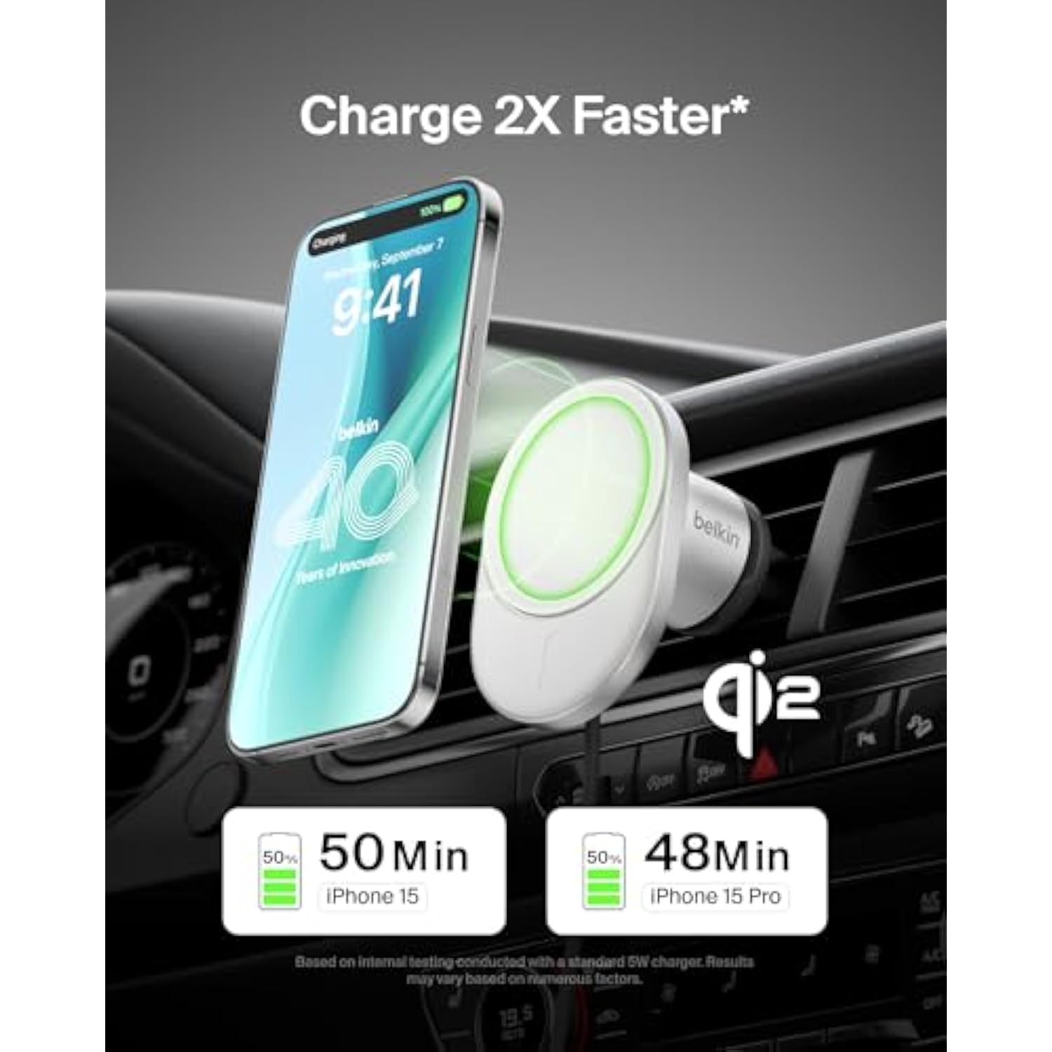 Belkin Wireless Car?Charger 15W - MagSafe-Compatible Magnetic Charger - Qi2-Certified Wireless Charger, Magnetic Car Vent Phone Mount for iPhone 16, 15, 14, 13, 12, & Samsung Galaxy S25 Series - Gray