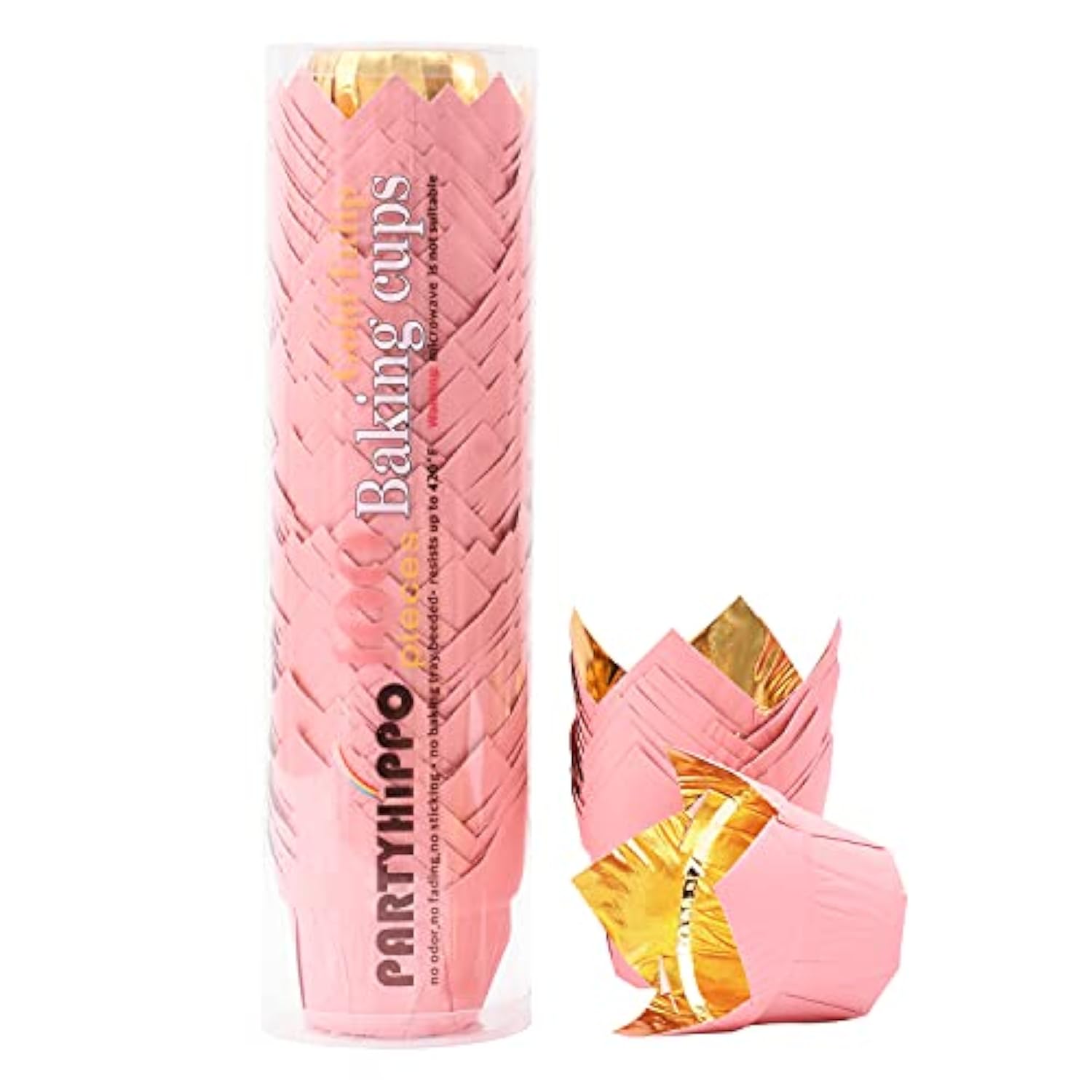 Party Hippo Gold Tulip Cupcake Liners 100 Pcs Baking Paper Cups Holders Greaseproof Muffin Cases Wrappers For Wedding Birthday Party Baby Shower (Pink)