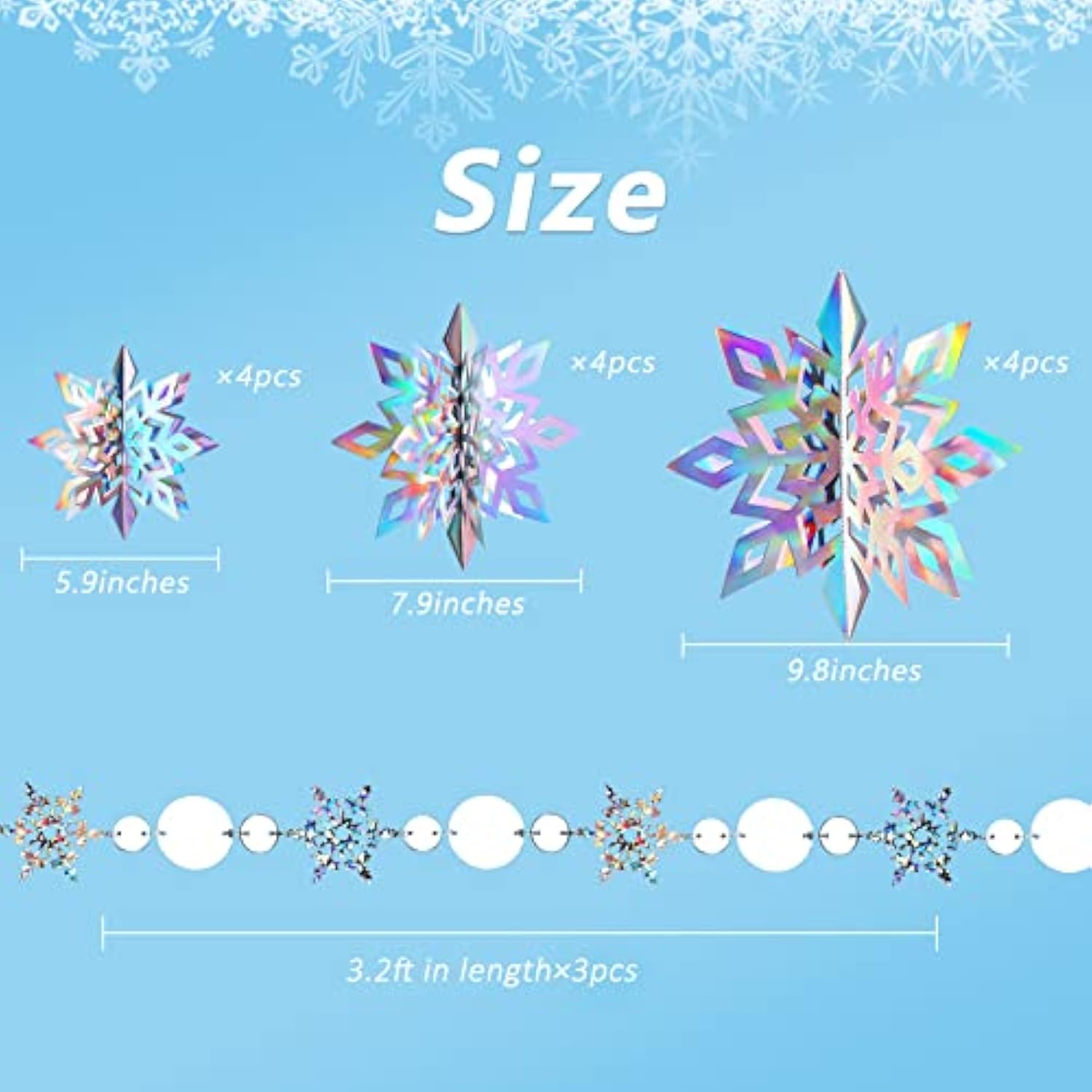 15 Pcs 3D Hanging Snowflake Decorations – Holographic Silver Garland for Frozen & Winter Wonderland Parties