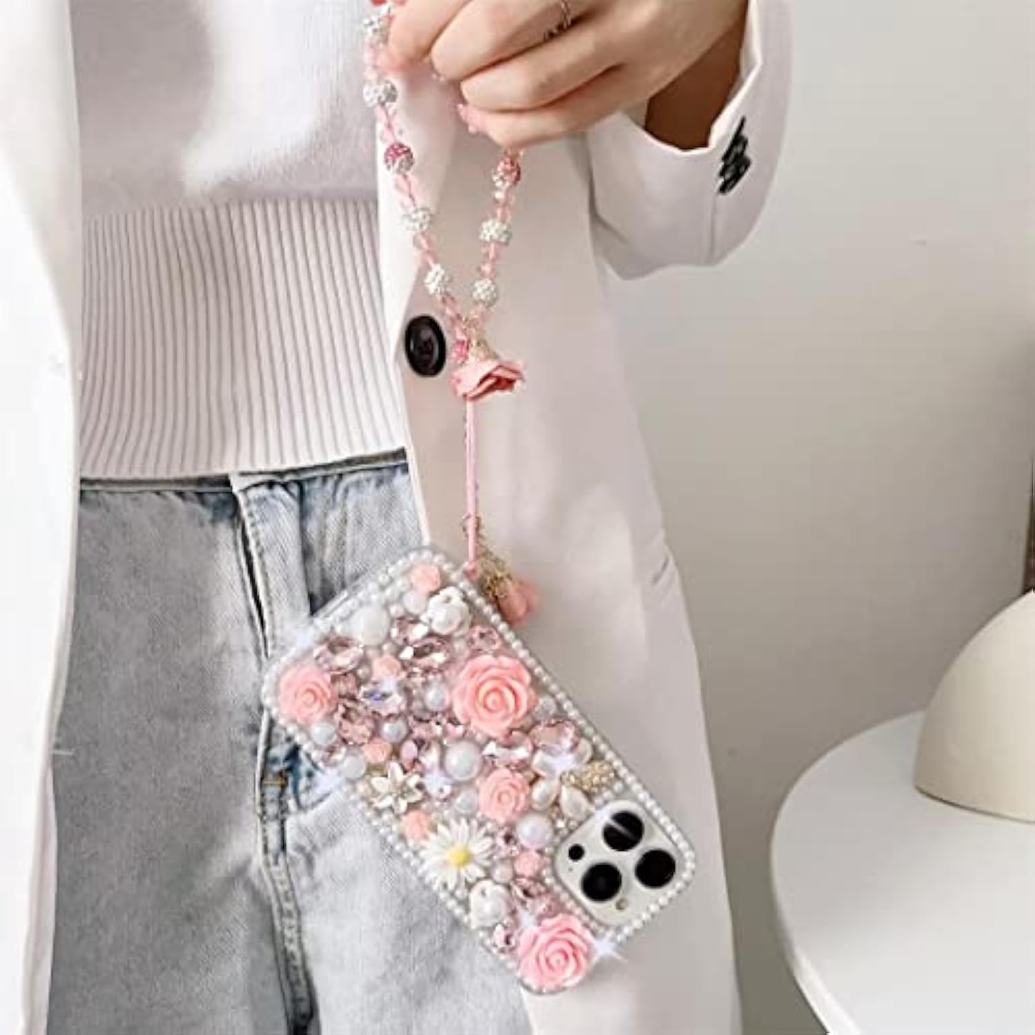 For Iphone 12/12 Pro Bling Case,Luxury Crystal Rhinestone Flowers Glitter Diamond Pearl Women Girls Kids Case Cover With Lanyard For Iphone 12/12 Pro 6.1 Inch