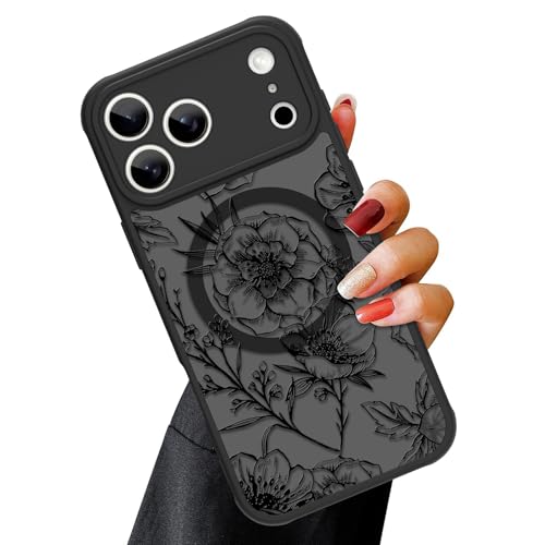 Magnetic Case for iPhone 17 Pro (6.3") with Screen Protector, Cute Floral Design for Women & Girls, [MagSafe Compatible] Slim Translucent Matte Black