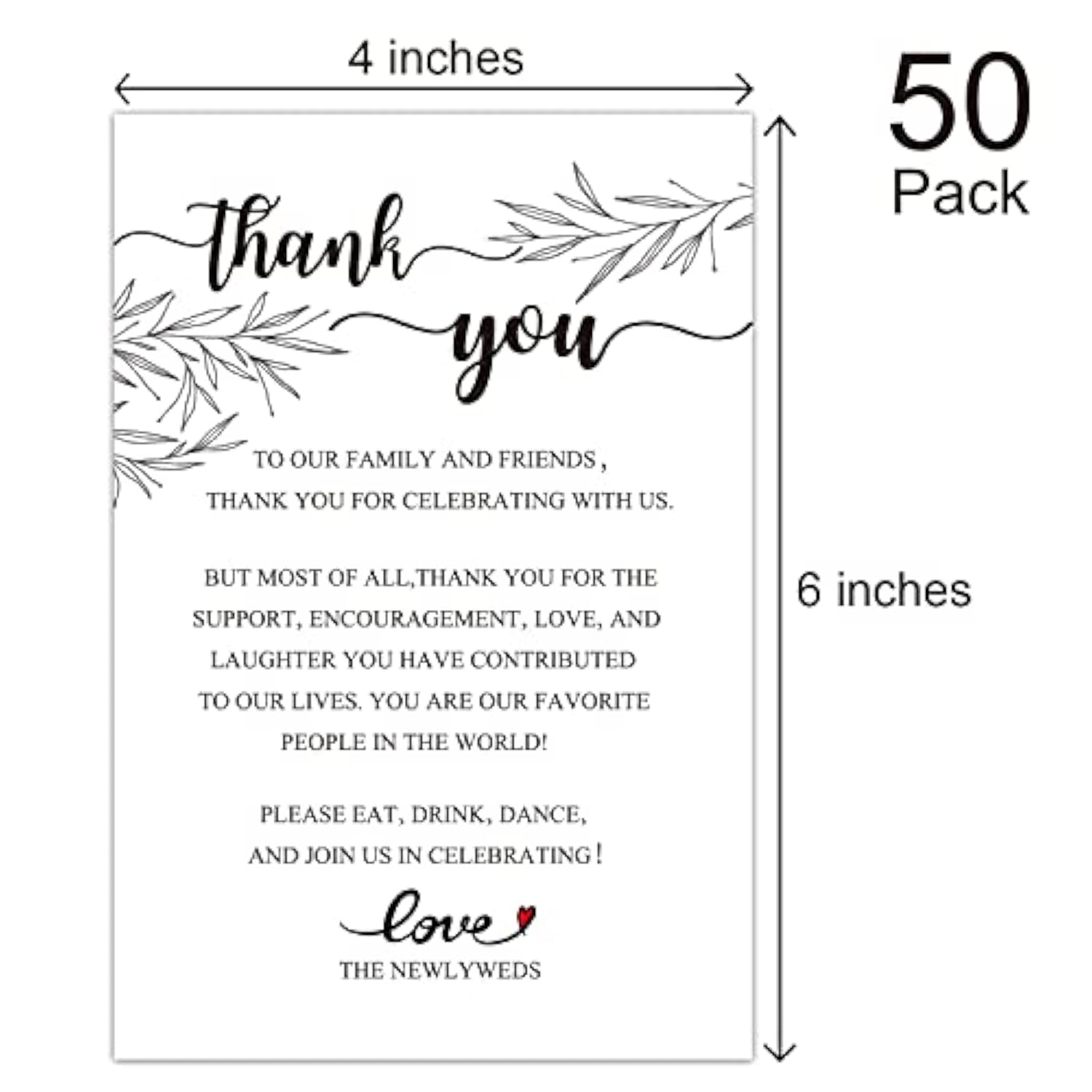 50 Wedding Thank You Place Setting Cards, Wedding Reception Thank You Cards, Table Centerpieces And Wedding Decorations, Bridal, Engagement, Anniversary, 4X6"