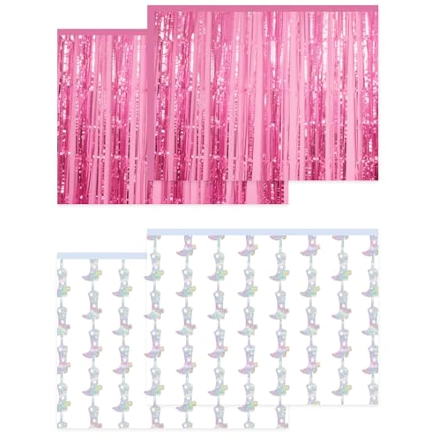 4 Pcs Cowgirl Party Decorations - 2 Boot Silver Metallic Tinsel Fringe Curtains & 2 Candy Pink Backdrops For Birthday Supplies Last Rodeo Bachelorette Wedding Disco Decor