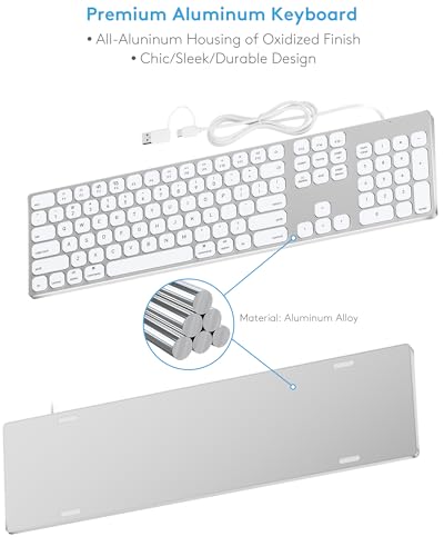 Aluminum Usb Wired Keyboard With Numeric Keypad For Mac Pro, Mini Mac, Imac, Imac Pro, Macbook Pro/Air, Laptop And Pc Computer