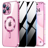 Magnetic Case For Iphone 16 Pro Max With 2 Privacy Screen Protector & Camera Cover [Compatible With Magsafe],Non-Yellowing Plating Glossy Shockproof Phone Case For Iphone 16 Promax,Pink