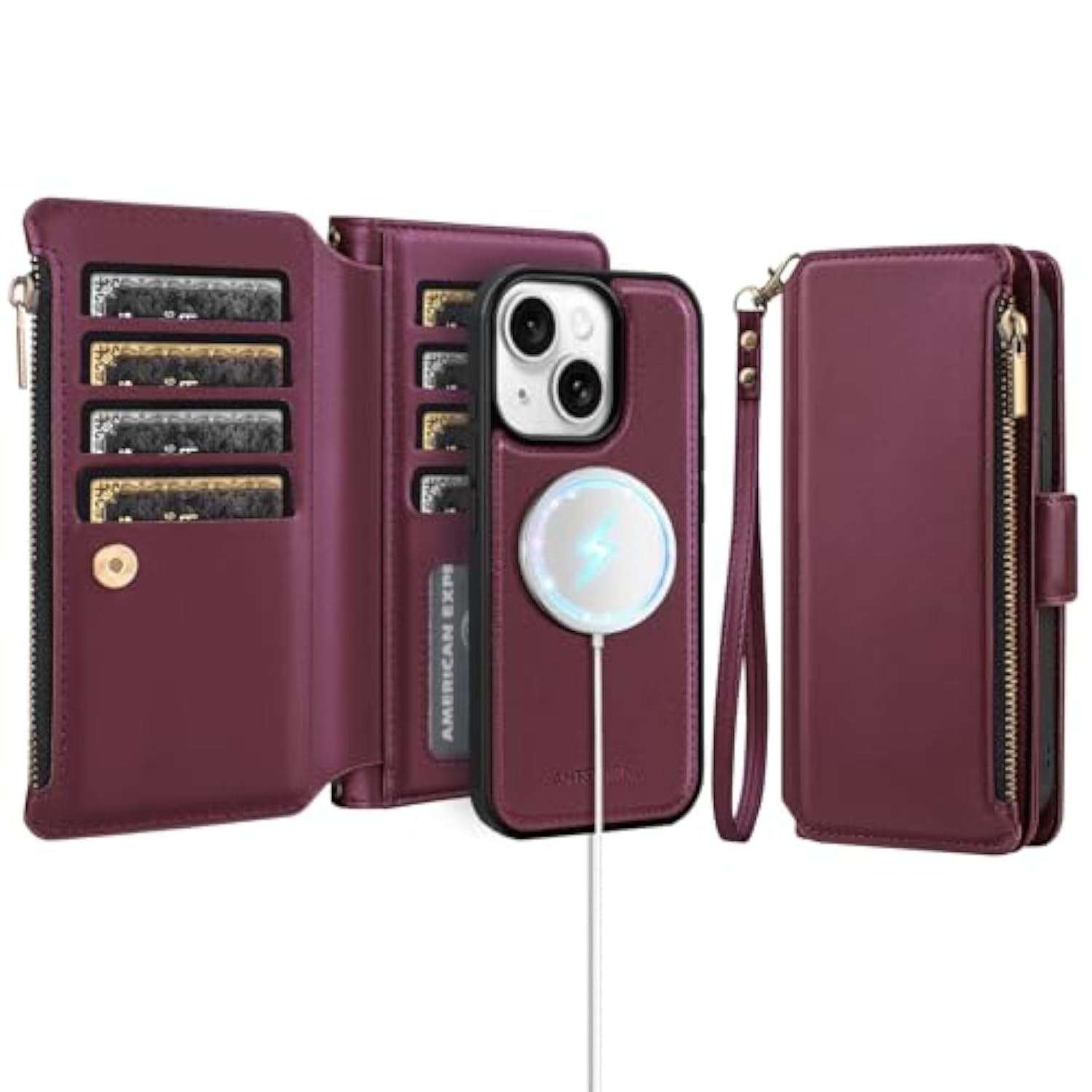 Compatible With Magsafe Magnetic 2 In 1 Detachable Iphone 15 Wallet Case With Credit Card Holder Slots,Pu Leather Flip Rfid Blocking Phone Cover Wrist Strap Zipper Women Men,Wine Red