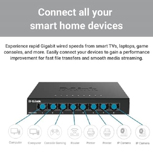 Ethernet Switch, 8 Port Gigabit Unmanaged Desktop Plug And Play Sturdy Metal Housing Fanless Design Eee (Dgs-108Gl-V2)