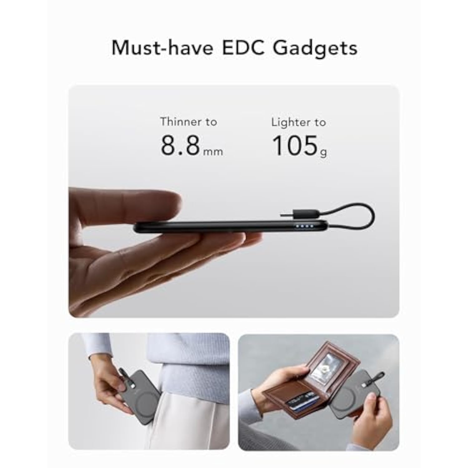 Slim Portable Charger, 5000Mah Lightweight Power Bank With Wired Usb C Cable, Ultra Thin Battery Pack Compatible With Iphone 15/Plus/Pro/Pro Max/Samsung/Android(Non-Wireless Charging), Black