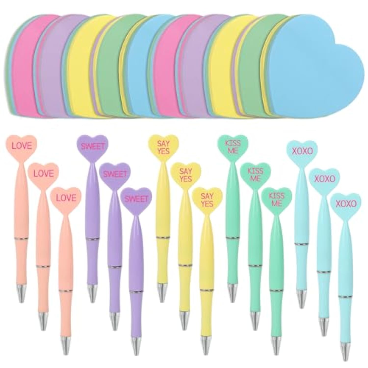 30Pcs Valentine Ballpoint Pens With Love Heart Sticky Notepads Mixed 5 Colors Stationery Gift Set For Wedding Anniversary Party Home Office Supplies