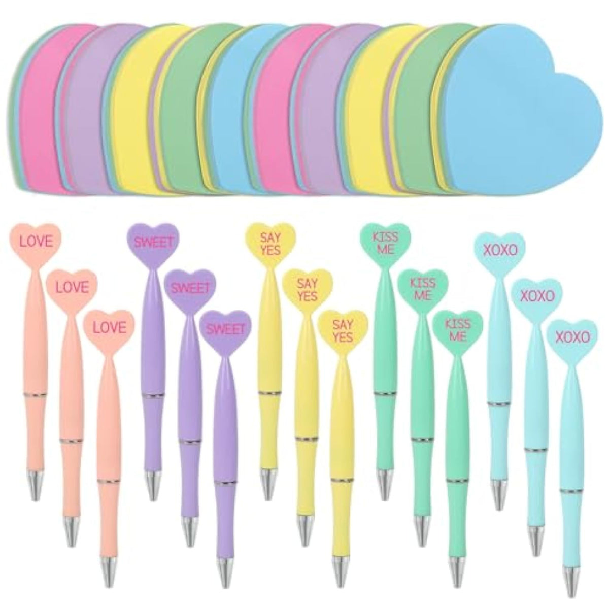 30Pcs Valentine Ballpoint Pens With Love Heart Sticky Notepads Mixed 5 Colors Stationery Gift Set For Wedding Anniversary Party Home Office Supplies