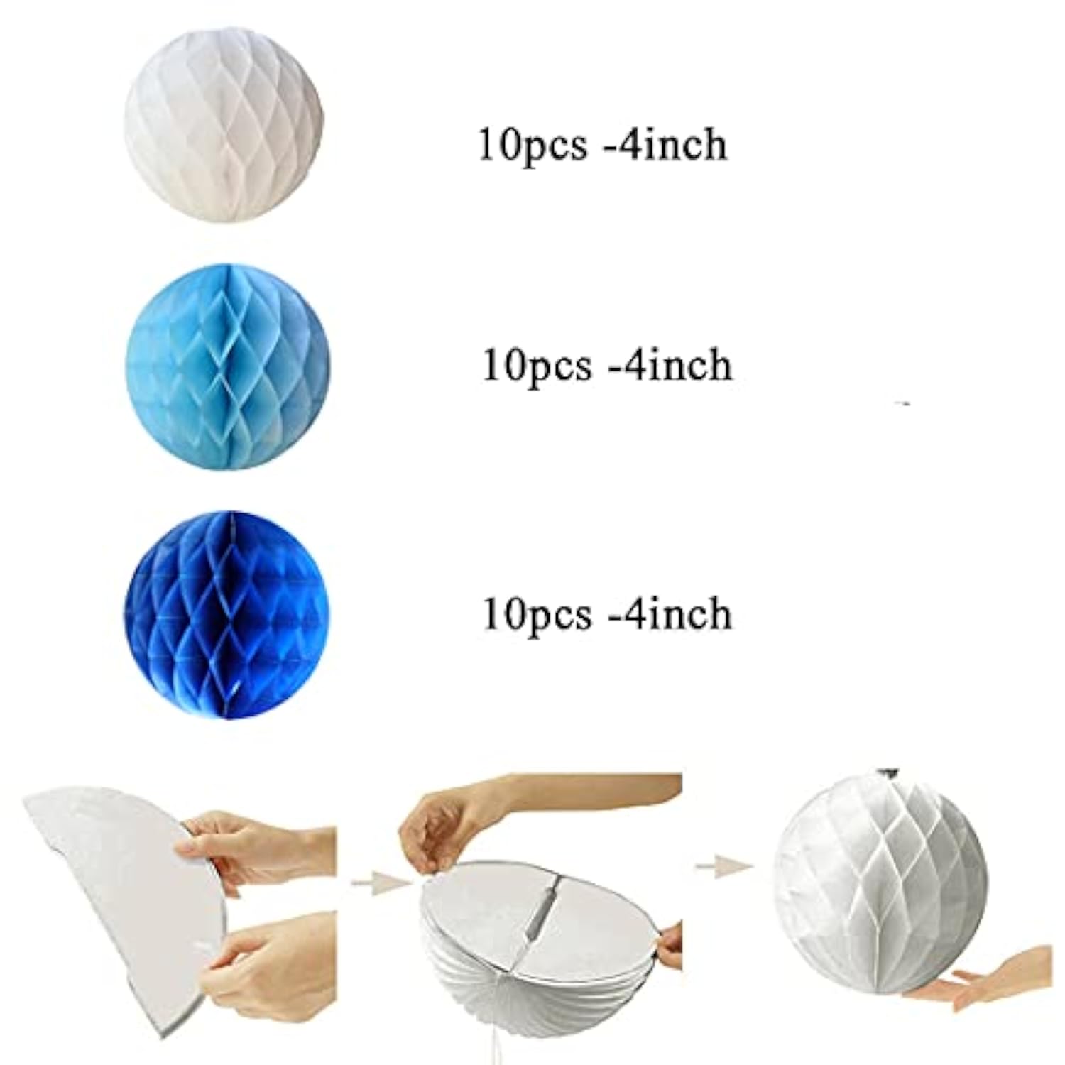 30Pcs 4Inch Pom Poms Tissue Paper Honeycomb Balls Flower Ball Wall Decor Pom Poms Decoration For Birthday Party Wedding Nursery Shower (Blue Set, 30Pcs-4Inch)